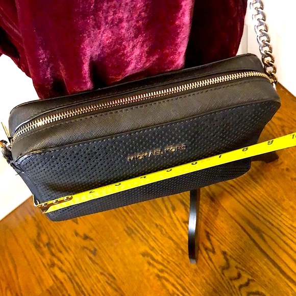 MICHAEL KORS Perforated Black Saffiano Crossbody with Silver Chain Leather Strap - Picture 3 of 15